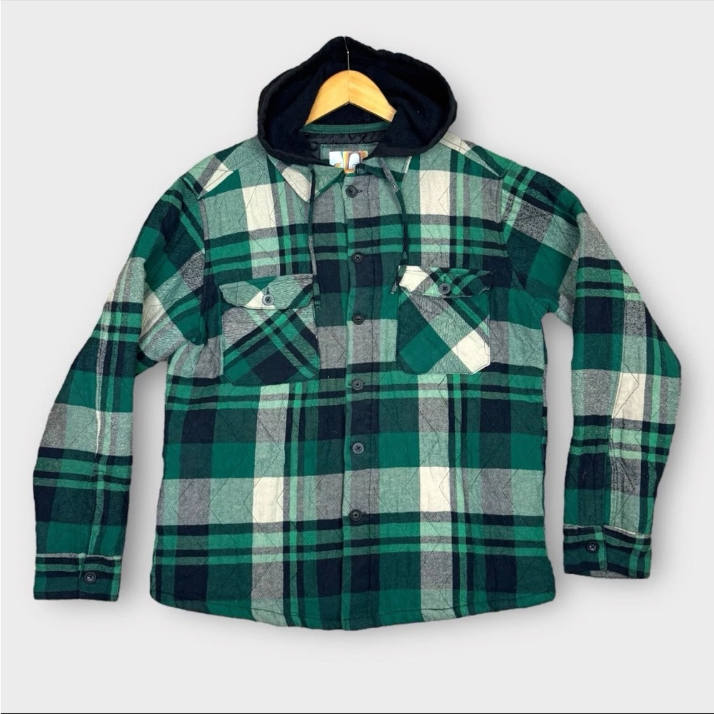 OP Ocean Pacific Hooded Flannel Jacket Mens Size L 42-44 Green Plaid Mid Weight